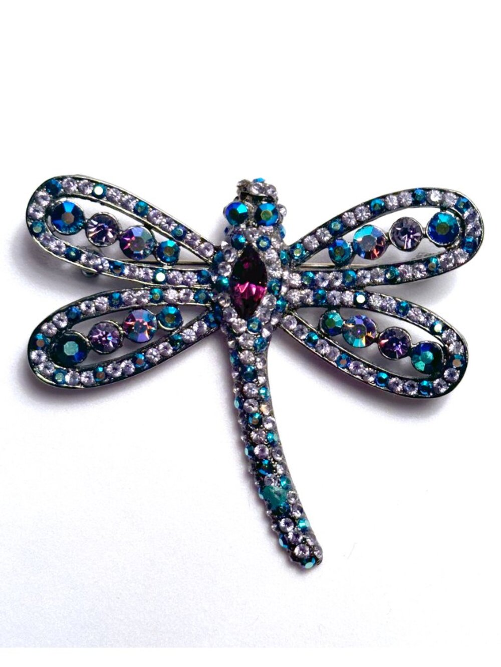 Vintage Tara Dragonfly Brooch Pin with Purple & Blue Aurora Borealis Rhinestones